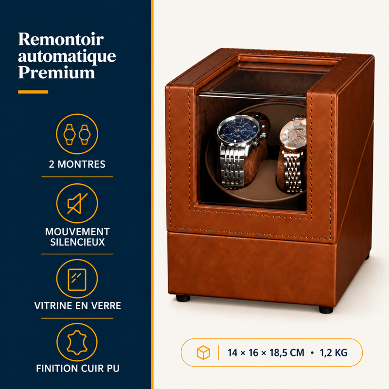 Remontoir automatique Premium cuir marron, 2 montres : présentation