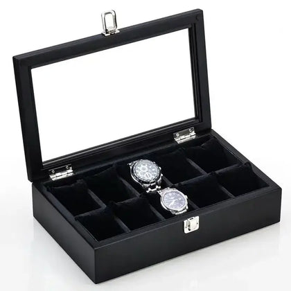 Boîte à montres 12 compartiments noir avec couvercle vitré