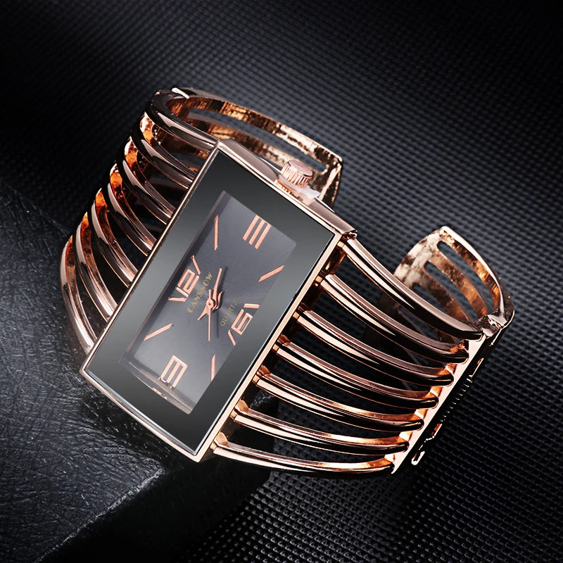 Montre Vintage Femme Jonc Ajouré, Cadran Rectangulaire