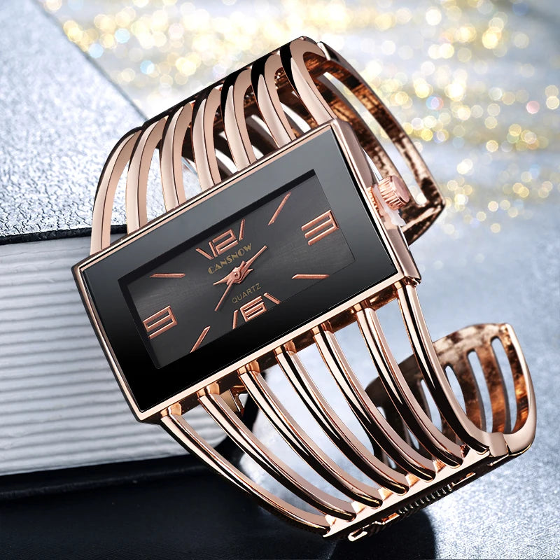 Montre Vintage Femme Jonc Ajouré, Cadran Rectangulaire