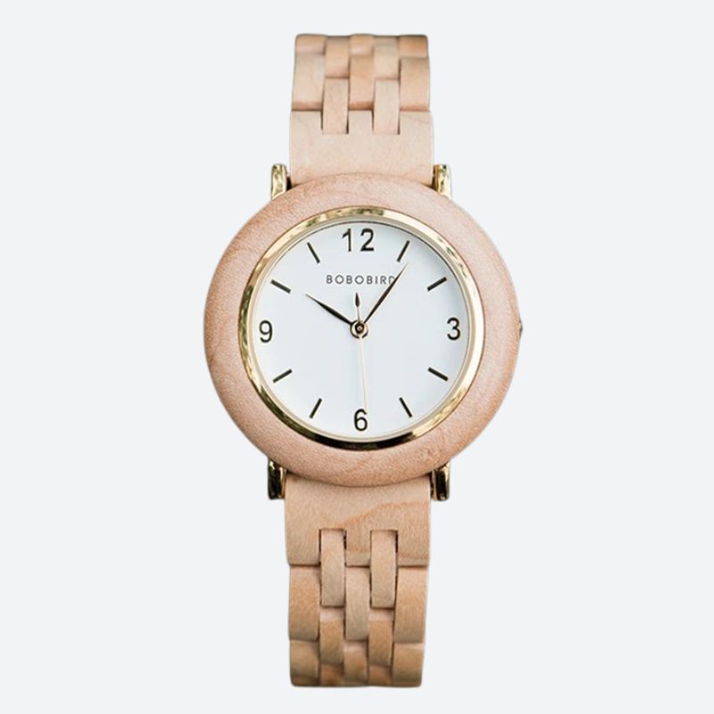 Montre Bois Femme au Cadran Épuré et Coloris Naturels couleur blanche sur fond gris