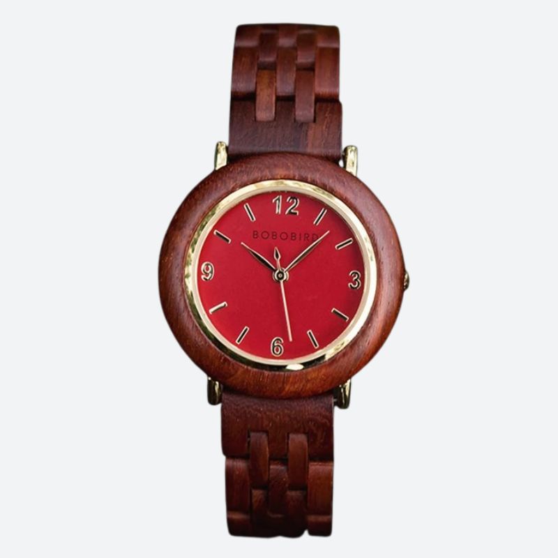 Montre Bois Femme au Cadran Épuré et Coloris Naturels couleur rouge sur fond gris