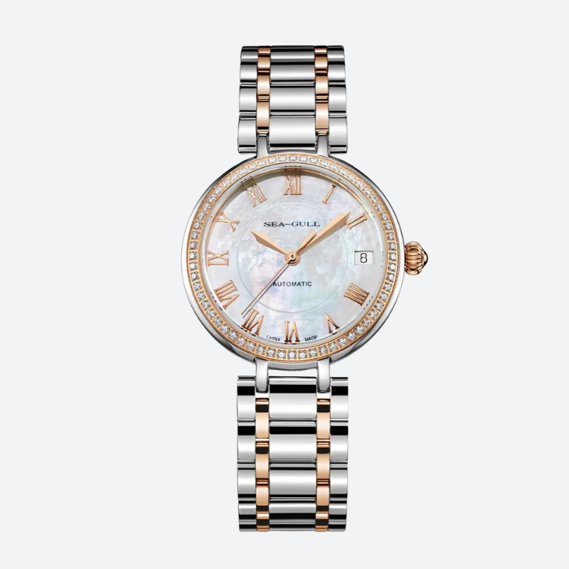 montre automatique femme 32mm nacre et zircon sur fond blanc