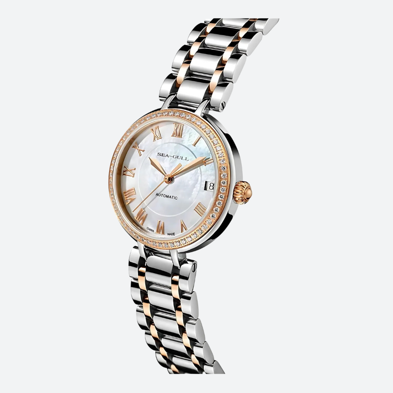 montre automatique femme 32mm nacre et zircon de coté sur fond blanc