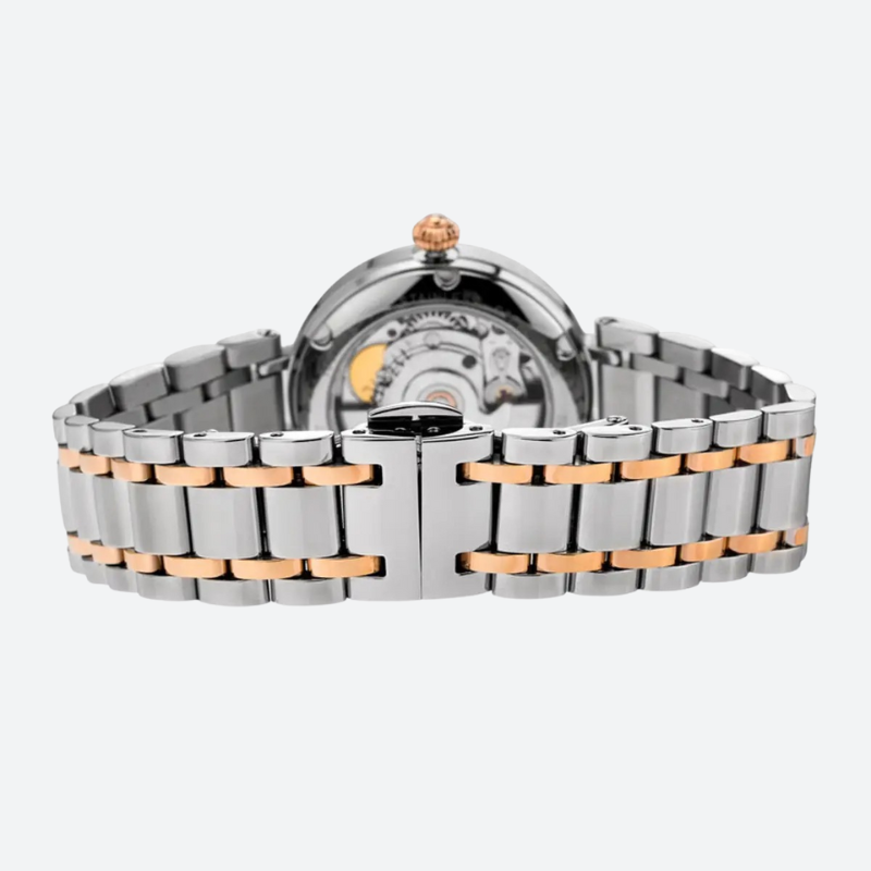 montre automatique femme 32mm nacre et zircon de derrière sur fond blanc