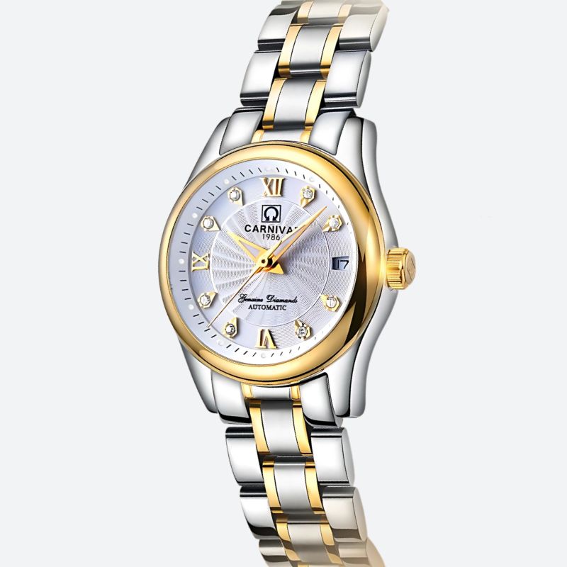 Montre Automatique Femme Acier Bicolore Cadran Cristal sur fond gris