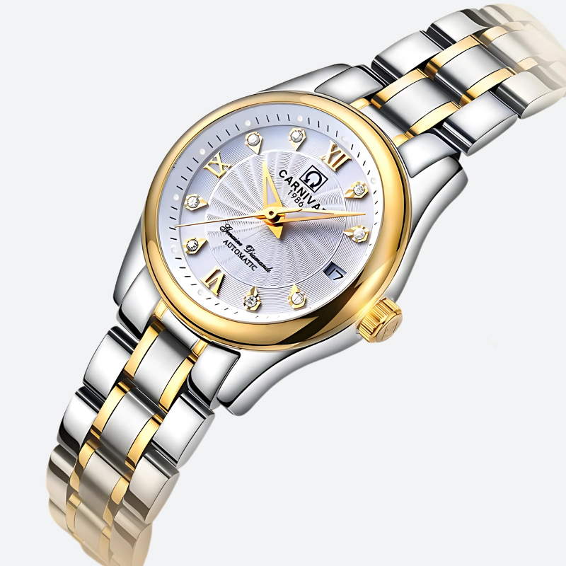 Montre Automatique Femme Acier Bicolore Cadran Cristal sur fond gris