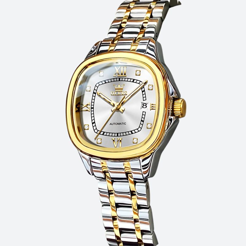 Montre Automatique Femme Bracelet Bicolore & Aiguilles Phosphorescentes sur fond gris