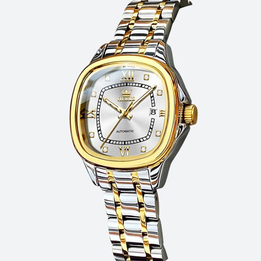 Montre Automatique Femme Bracelet Bicolore & Aiguilles Phosphorescentes sur fond gris