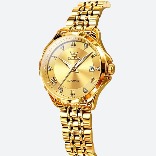 Montre Automatique Femme Dorée Waterproof 30mm sur fond blanc