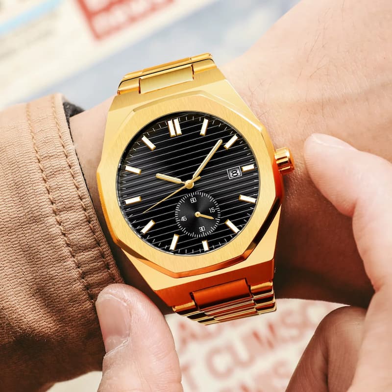 Montre Automatique Homme Dorée, Design Octogonal