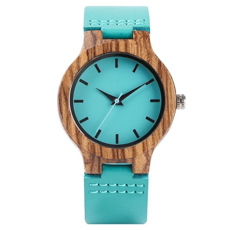 Montre Bois Femme au Cadran Turquoise Naturel sur fond gris