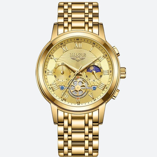 Montre Chronographe Femme Dorée Phase Lunaire Mécanique sur fond gris