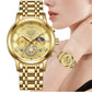 Montre Chronographe Femme Dorée Phase Lunaire Mécanique en zoom et porté par une femme