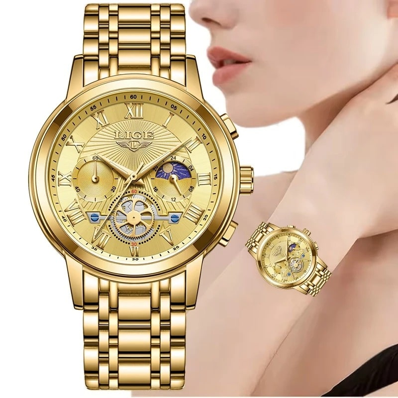 Montre Chronographe Femme Dorée Phase Lunaire Mécanique en zoom et porté par une femme Image