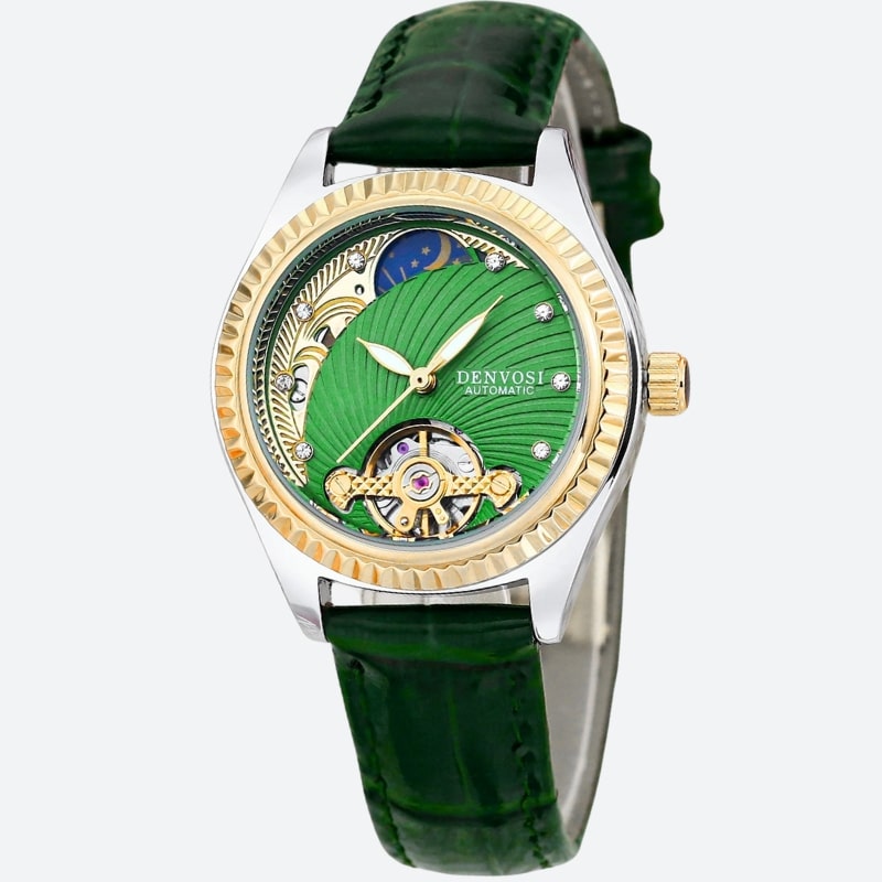 Montre Chronographe Femme Lunette Dorée Waterproof 30mm verte sur fond gris Image