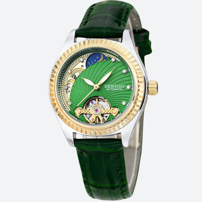 Montre Chronographe Femme Lunette Dorée Waterproof 30mm verte sur fond gris