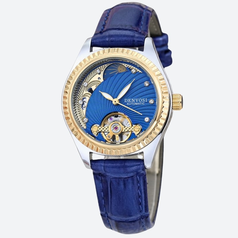 Montre Chronographe Femme Lunette Dorée Waterproof 30mmbleue sur fond gris Image