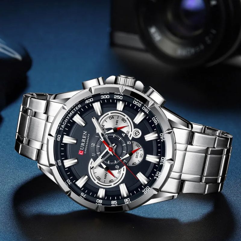Montre Chronographe Homme Cadran Bleu et Bracelet Acier