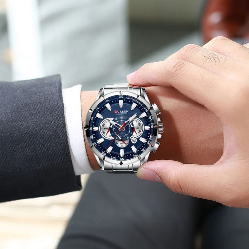 Montre Chronographe Homme Cadran Bleu et Bracelet Acier