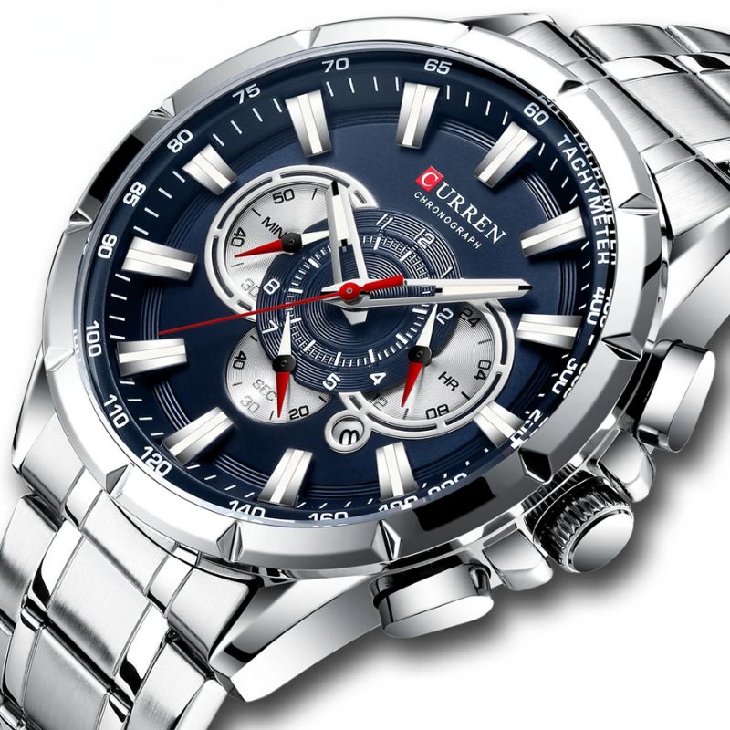 Montre Chronographe Homme Cadran Bleu et Bracelet Acier