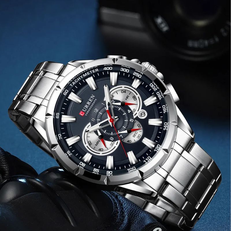 Montre Chronographe Homme Cadran Bleu et Bracelet Acier
