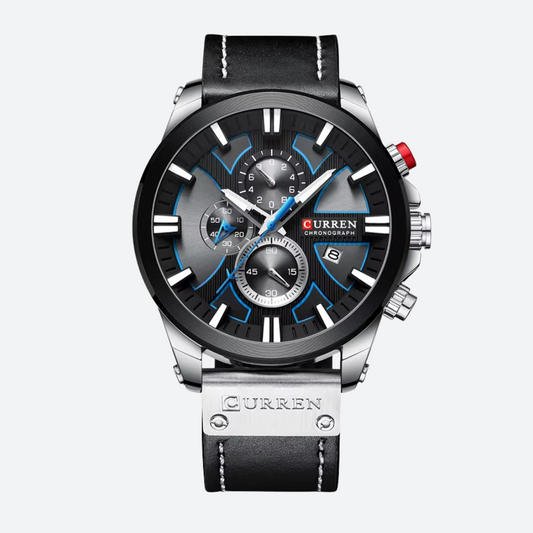 Montre Chronographe Homme à Quartz, Boîtier Large Bracelet Cuir