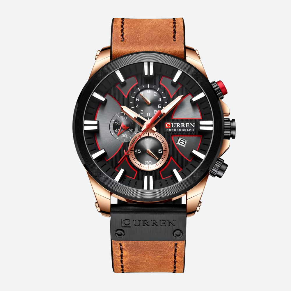 Montre Chronographe Homme à Quartz, Boîtier Large Bracelet Cuir