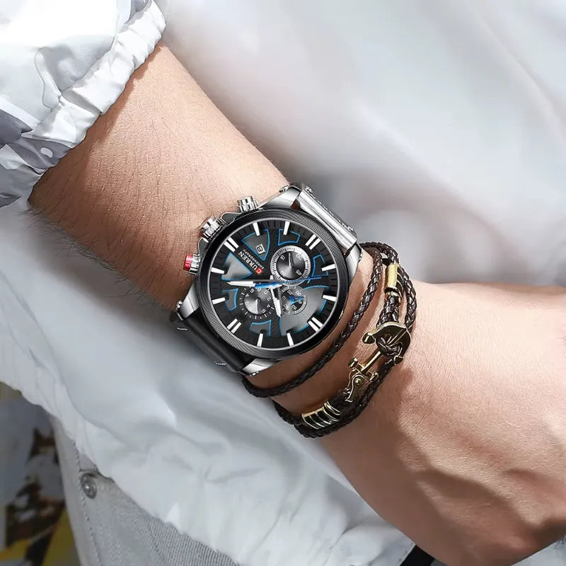 Montre Chronographe Homme à Quartz, Boîtier Large Bracelet Cuir
