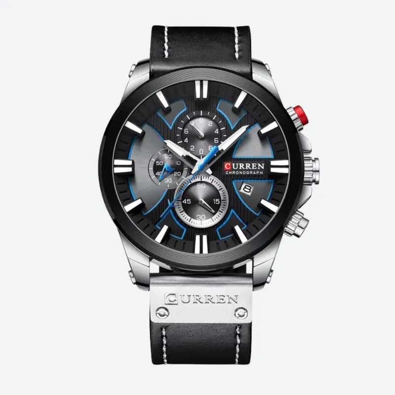 Montre Chronographe Homme à Quartz, Boîtier Large Bracelet Cuir