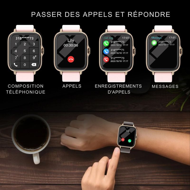 Montre Connectée Femme au Cadran Doré et Couronne Tactile et ses fonctions d'appel et de message integrées