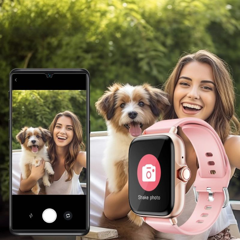 Montre Connectée Femme au Cadran Doré et Couronne Tactile et la fonction de remote control de la caméra du téléphone