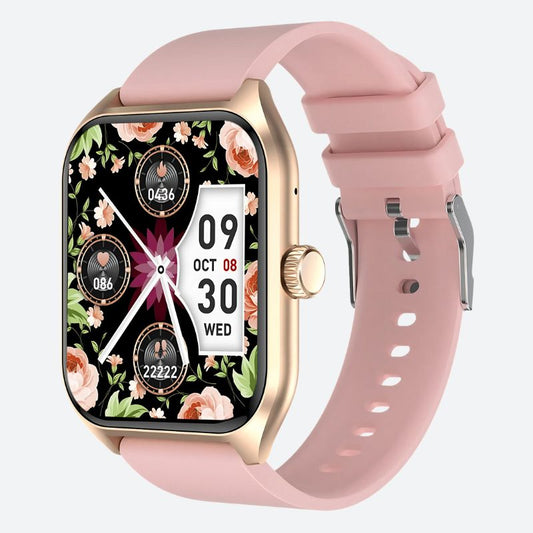 Montre Connectée Femme Rose à Grand Écran Doré sur fond gris