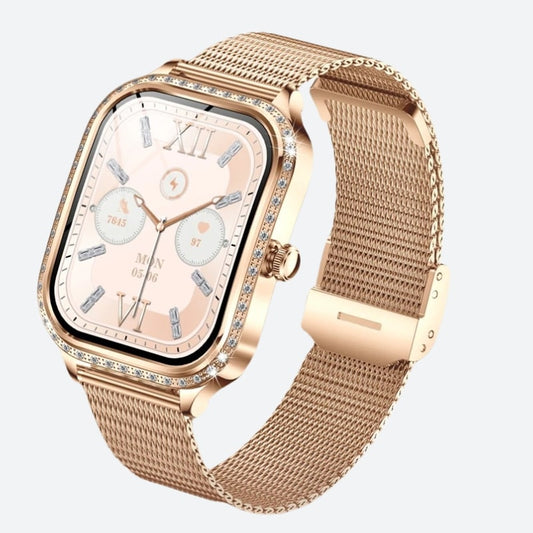 Montre Connectée Femme Cadran Rose Doré à Strass sur fond gris