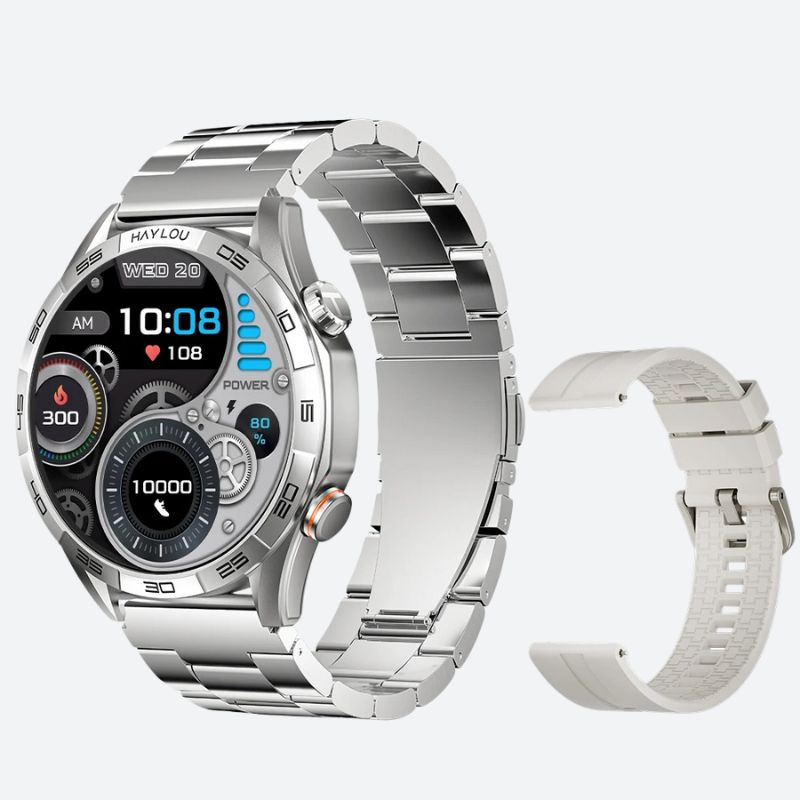 Montre Connectée Homme à Cadran Mécanique et Écran AMOLED grise sur fond gris avec bracelet interchangeable