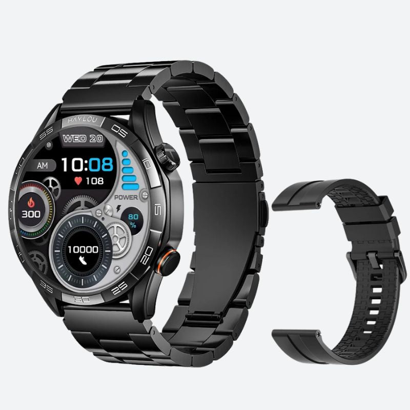 Montre Connectée Homme à Cadran Mécanique et Écran AMOLED noire sur fond gris avec bracelet interchangeable
