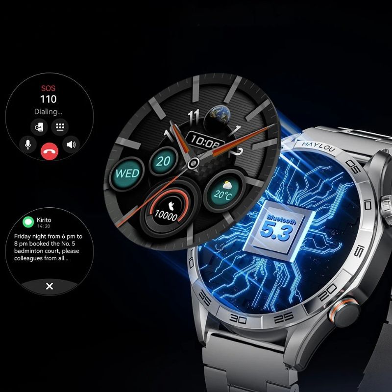 Montre Connectée Homme à Cadran Mécanique et Écran AMOLED noire sur fond gris avec ses fonctionnalités détaillées