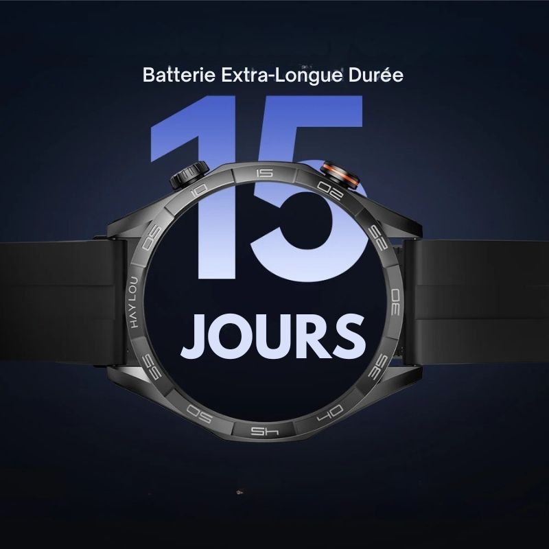 Montre Connectée Homme à Cadran Mécanique et Écran AMOLED noire avec le détail de la batterie qui dure 15 jours