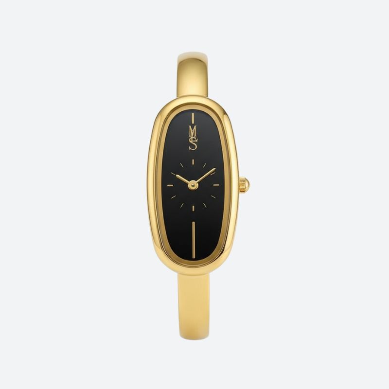 Montre Femme Jonc Doré Cadran Noir Ovale Résistante à l’Eau 