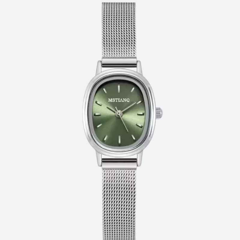 Montre Femme Ovale Acier Inoxydable Cadran Vert Minimaliste
