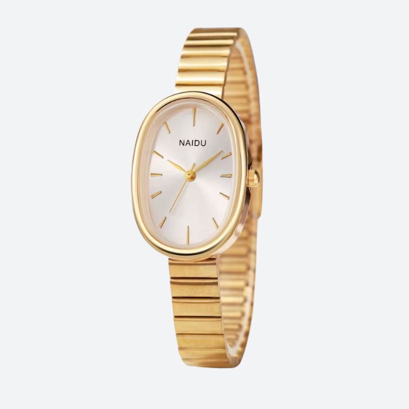 Montre Femme Ovale Dorée Quartz Bracelet Large Minimaliste
