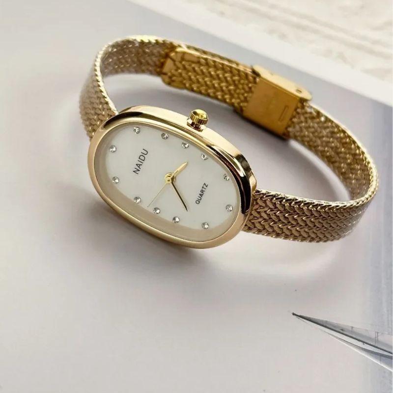 Montre Femme Ovale Dorée Acier Inoxydable Mini