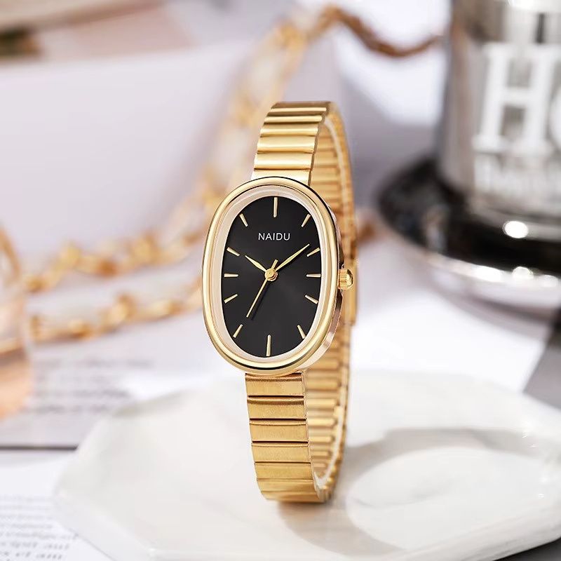 Montre Femme Ovale Dorée Quartz Bracelet Large Minimaliste
