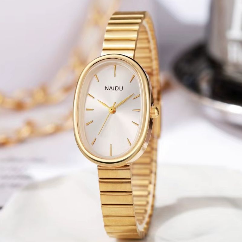 Montre Femme Ovale Dorée Quartz Bracelet Large Minimaliste
