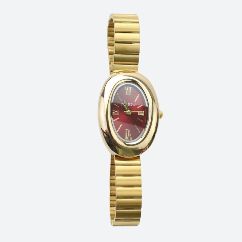 Montre Femme Ovale Dorée Bracelet Alliage Petit Cadran Quartz
