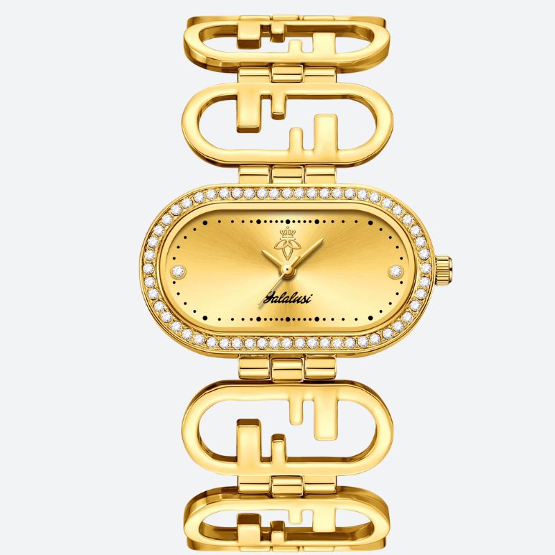 Montre Femme Ovale Dorée Bracelet Graphique