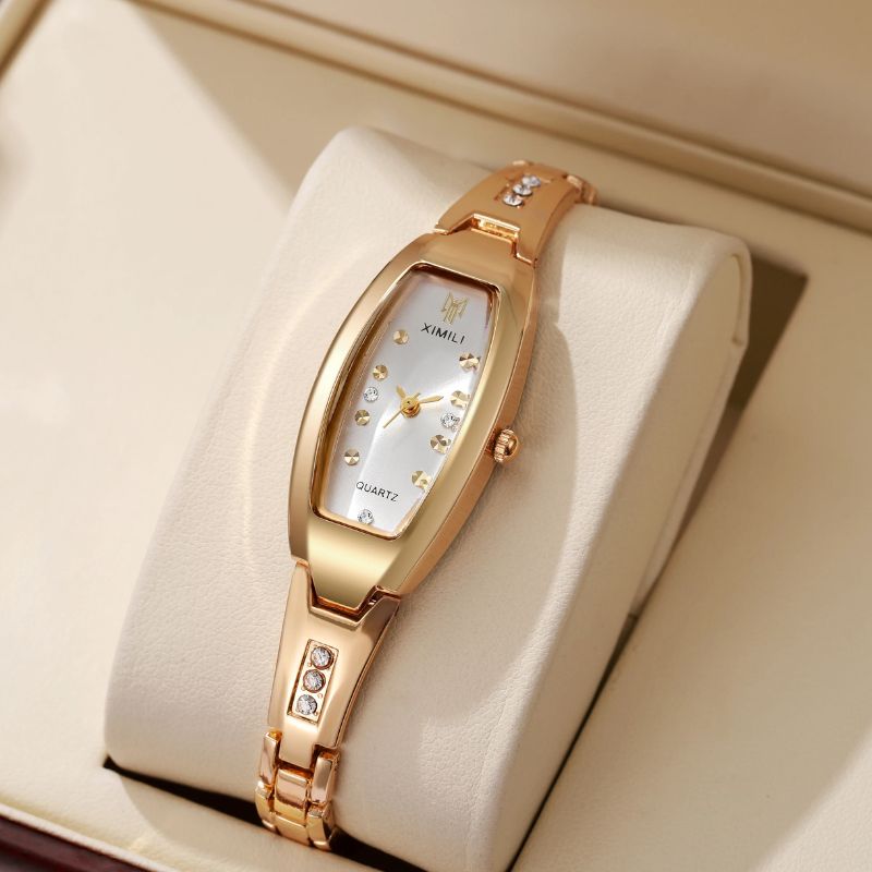 Montre Femme Tonneau Doré Acier Inoxydable Strass