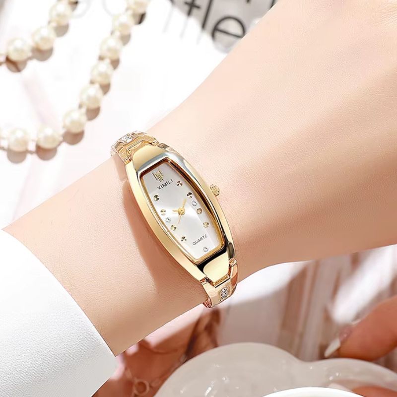 Montre Femme Tonneau Doré Acier Inoxydable Strass Image