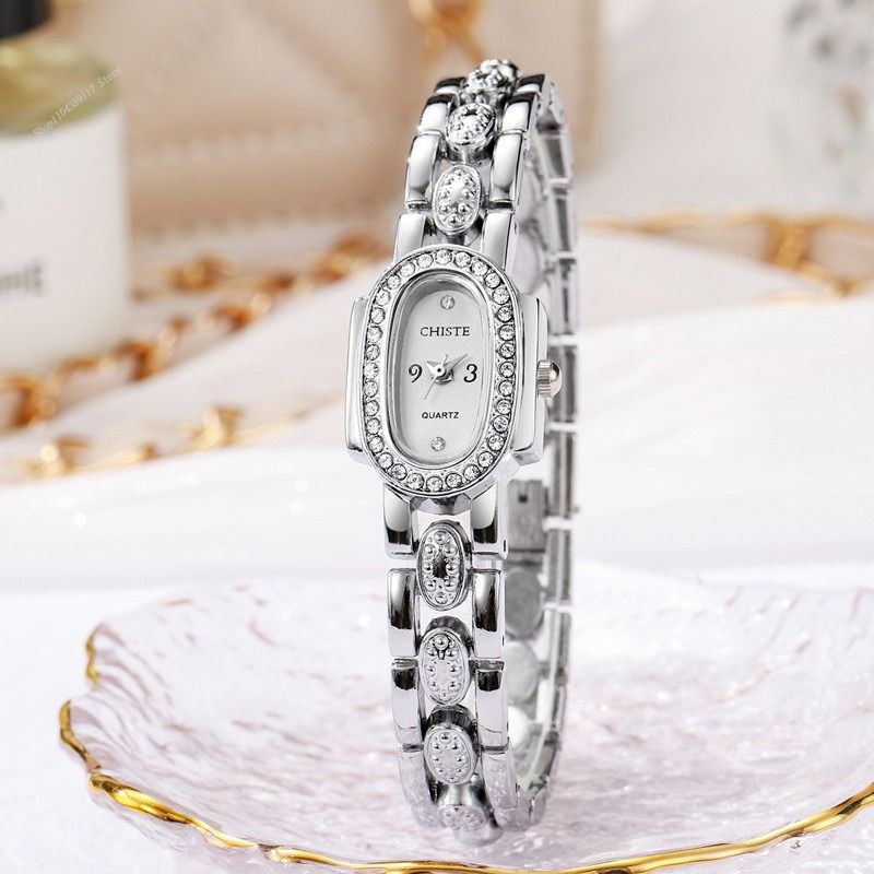 Montre Femme Élégante Quartz Cadran Ovale Sertie de Strass et Cristaux
