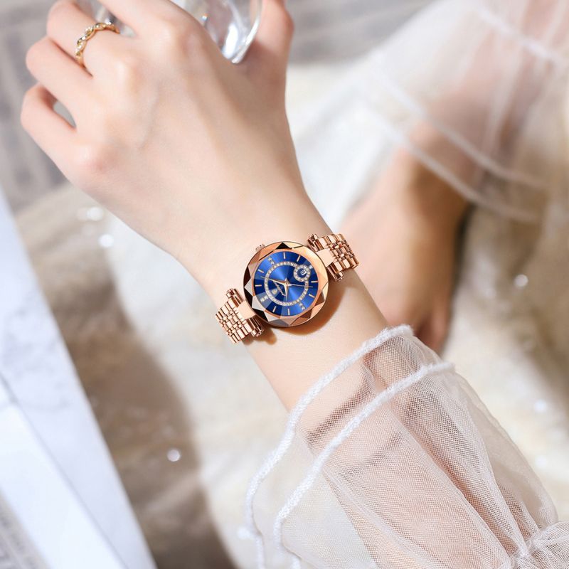 Montre Femme Élégante Quartz Facetté avec Dateur et Strass Image